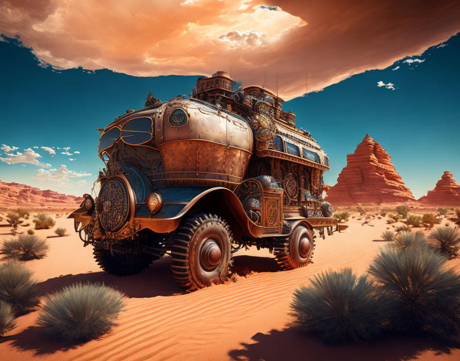 Steam-powered vehicle crossing red desert with dramatic sky