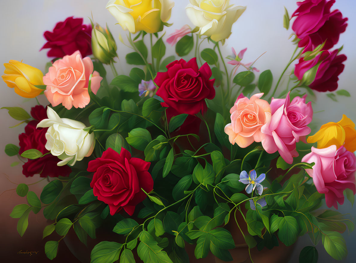 Colorful digitally painted rose bouquet with yellow, pink, red, white petals.