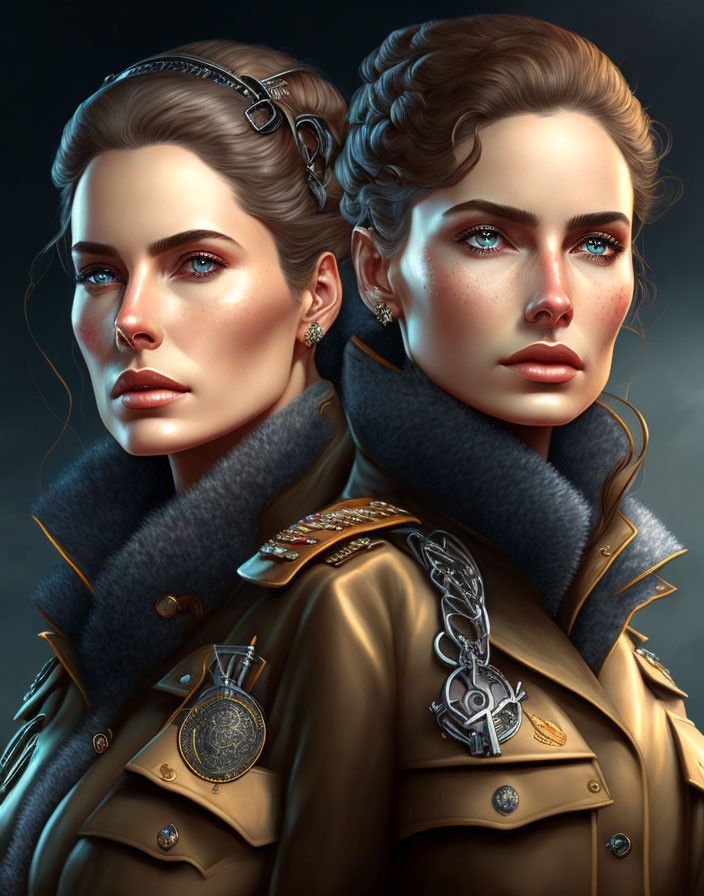 Two women in military uniforms with badges and medals, featuring detailed hair and makeup.