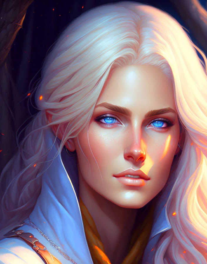 Digital artwork: Pale-skinned woman with blue eyes and platinum blonde hair under warm lights