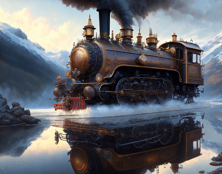 Vintage Steam Locomotive with Golden Details Travels on Tracks Near Serene Water and Mountains