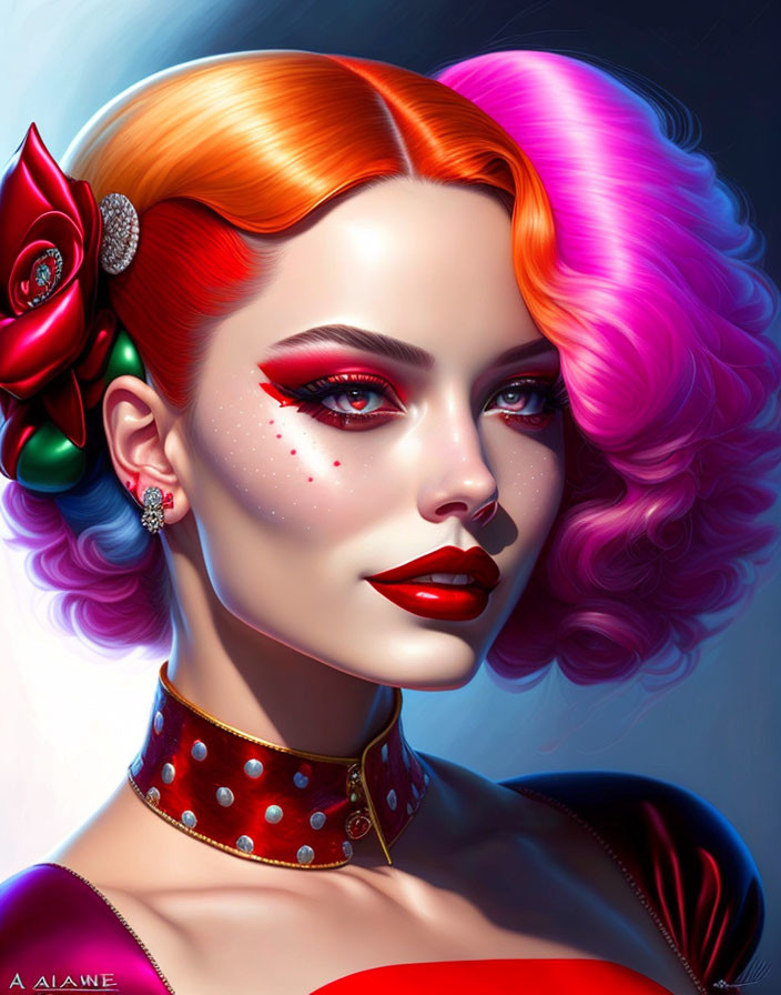 Stylized digital portrait of a woman with red to purple ombre hair, red makeup,