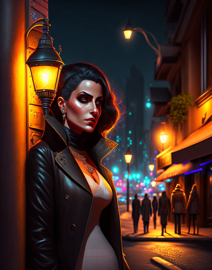 Fashionable woman in leather jacket under streetlamp at night in cityscape