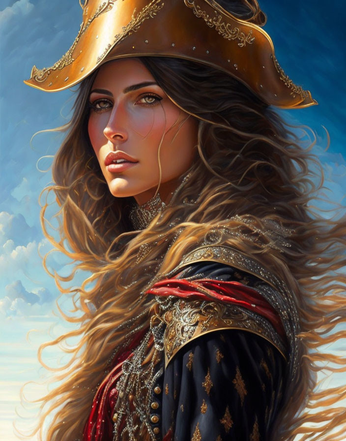 Detailed digital portrait of a woman in tricorn hat and ornate coat against blue sky