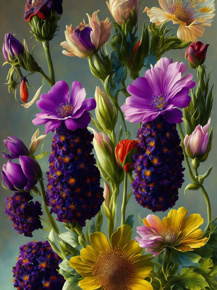 Colorful Sunflowers, Tulips & Purple Blooms on Dark Background