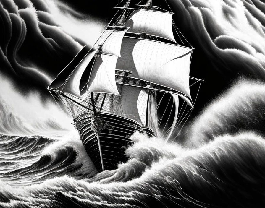 Monochromatic sailing ship on tumultuous ocean waves