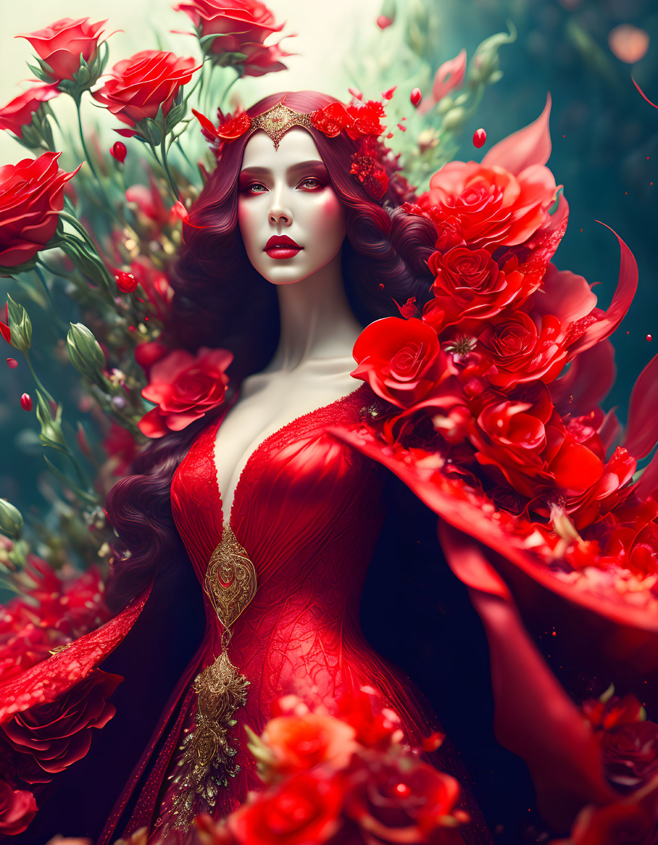 Red-haired woman in regal attire surrounded by red roses and wearing a golden headpiece