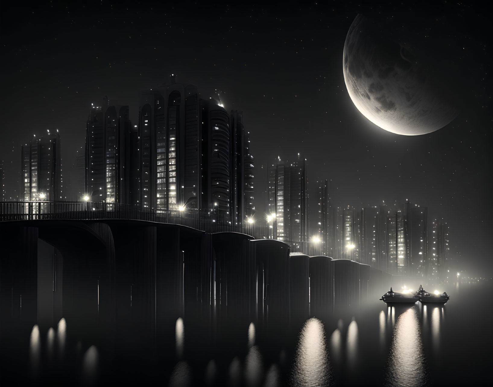 Monochromatic nighttime cityscape with illuminated skyscrapers, crescent moon, bridge, and boats