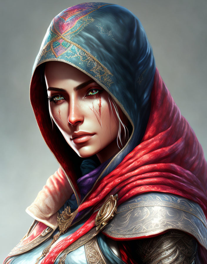 Digital art portrait: Woman with scar under eye, ornate hood, and armor, emitting strong aura