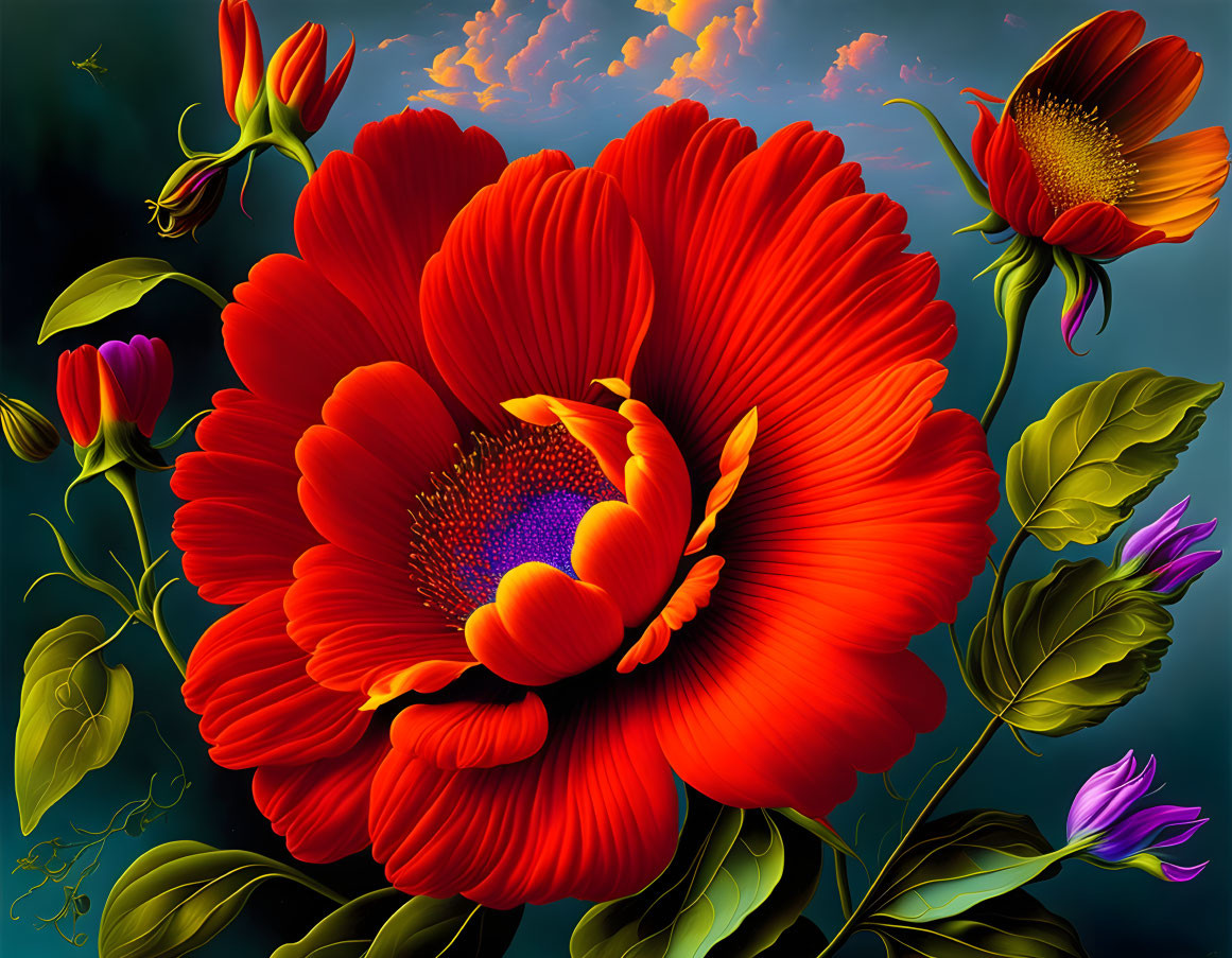 Detailed digital art of large red flower with lush green foliage on moody blue background