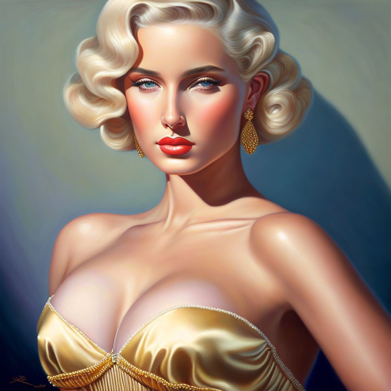 Blonde woman in retro waves, gold earrings, satin dress with jeweled neckline