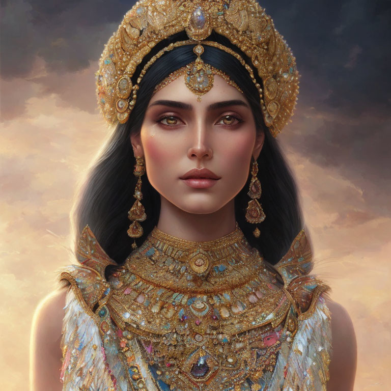 Portrait of woman in golden jewelry and headdress with regal expression on cloudy backdrop