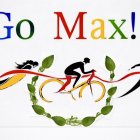 Colorful "Go Max!" Text with Cyclist and Runner in Abstract Leaf Designs