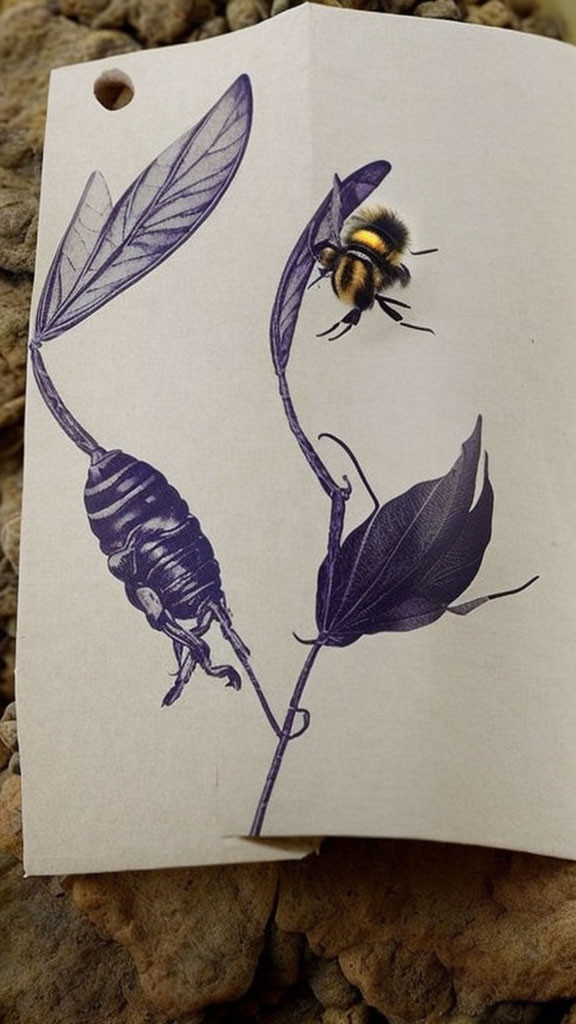 Bumblebee interacts with 2D plant illustration on white tag