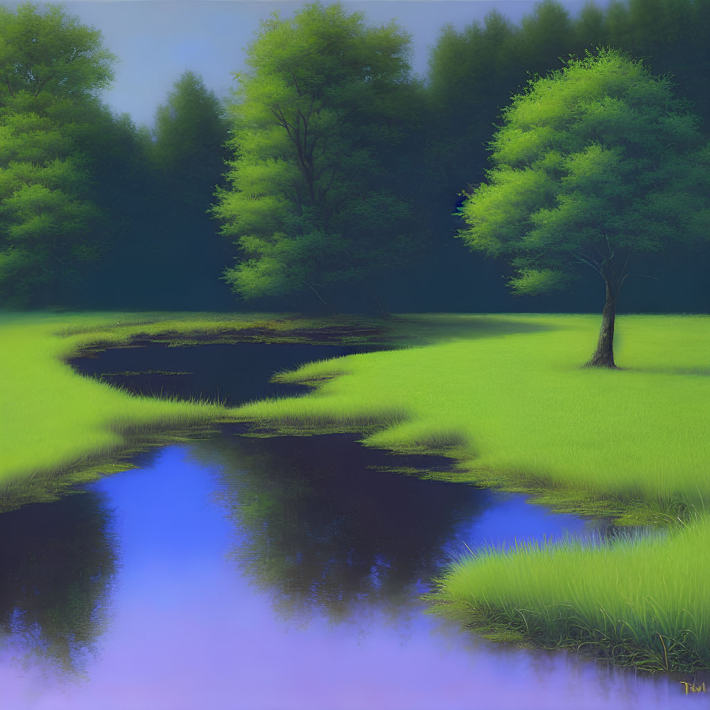 Tranquil digital art landscape with river, green grass, and twilight sky