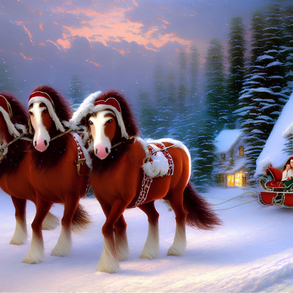 Festive horses in snow with decorated cottage and Santa's sleigh