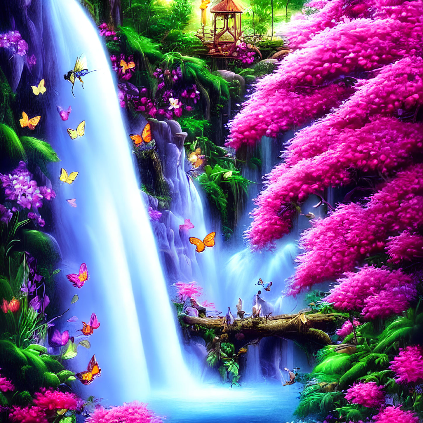 Fantasy waterfall with pink foliage, butterflies, and mystical lantern