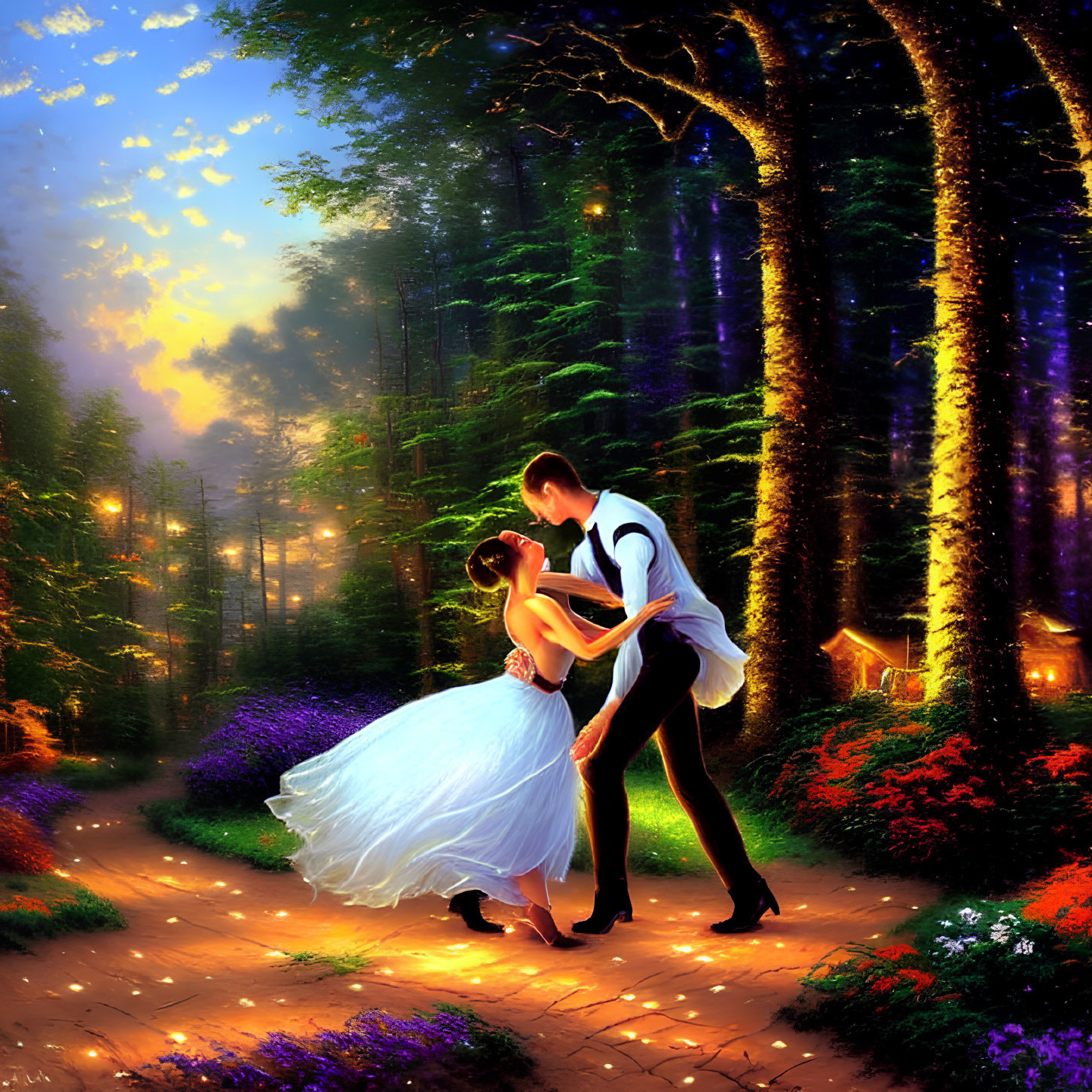 Formal attire couple dancing in mystical forest with colorful flora