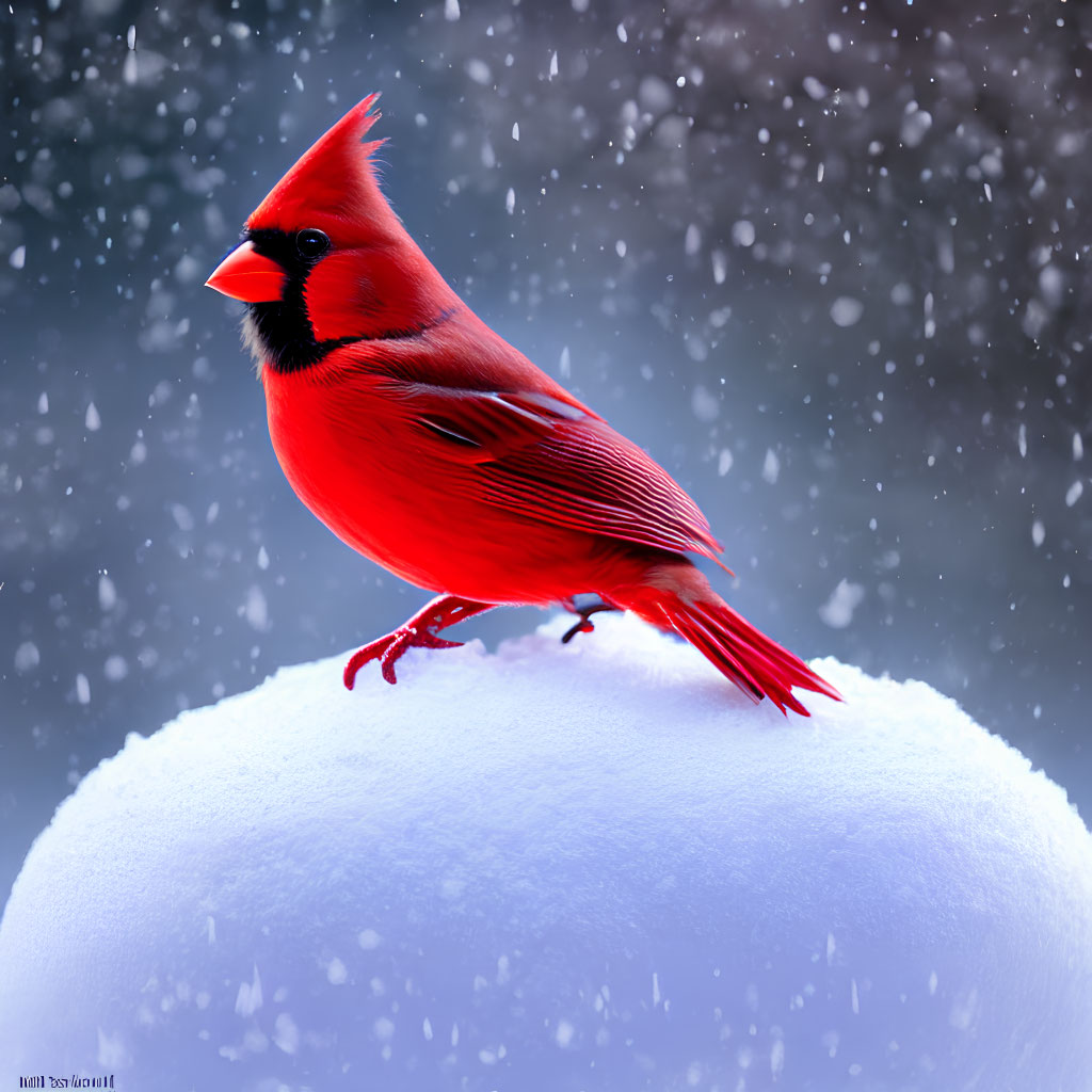 Red cardinal on snowy mound under gentle snowfall with blurred blue background