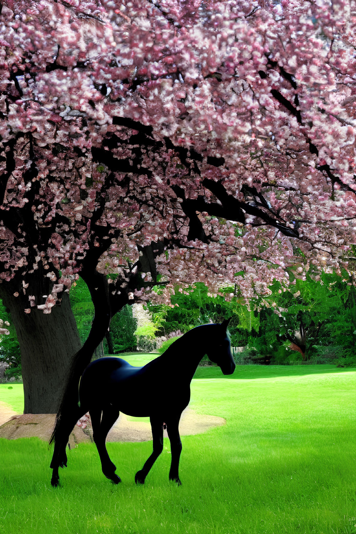 Black Horse Beneath Blooming Cherry Blossom Tree in Green Field