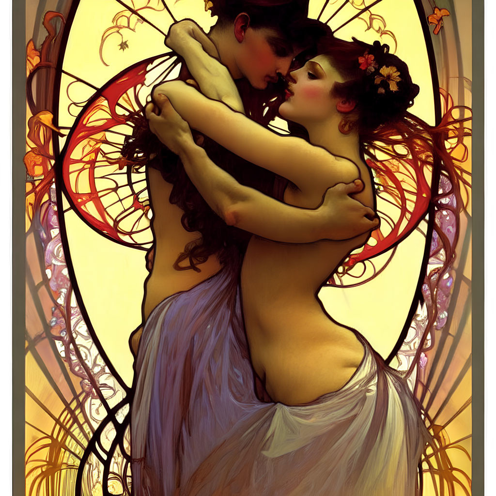 Art Nouveau style illustration of intimate embrace with ornate designs