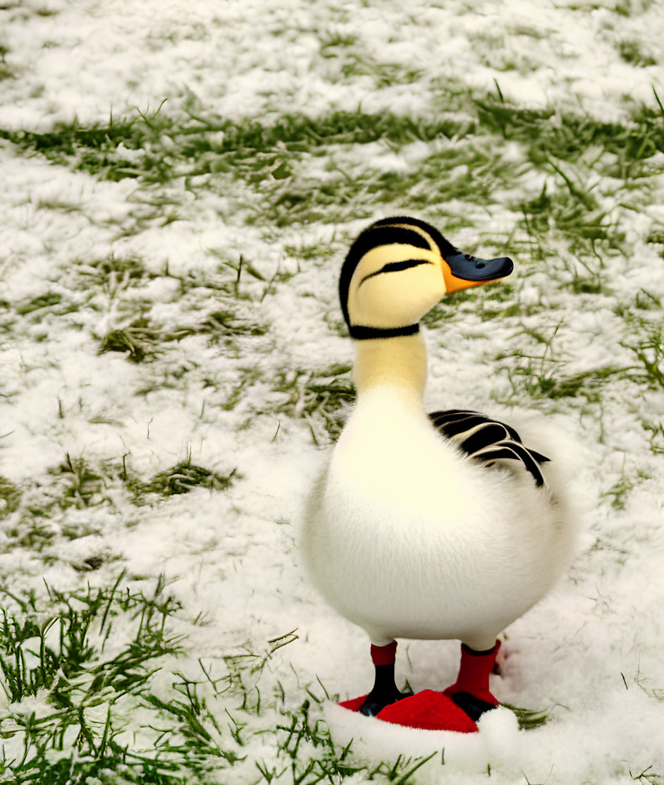 Duck standing on snowy grass, looking back.