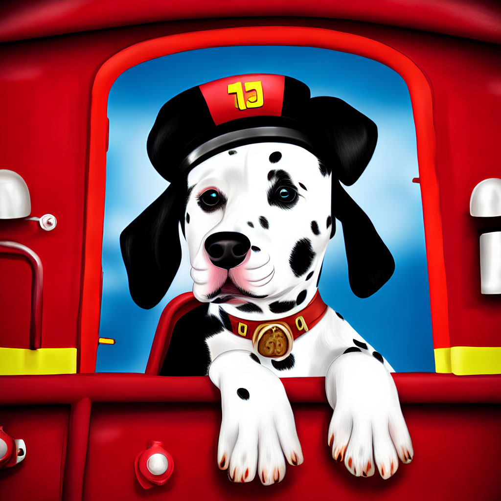 Cartoon Dalmatian Puppy in Firefighter Hat on Red Fire Truck