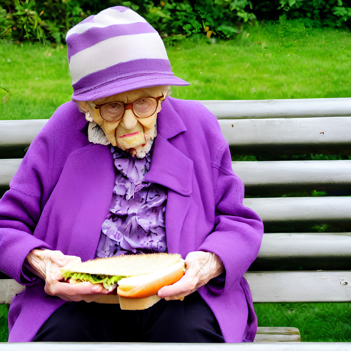 Elderly person in purple outfit with sandwich on bench, greenery background