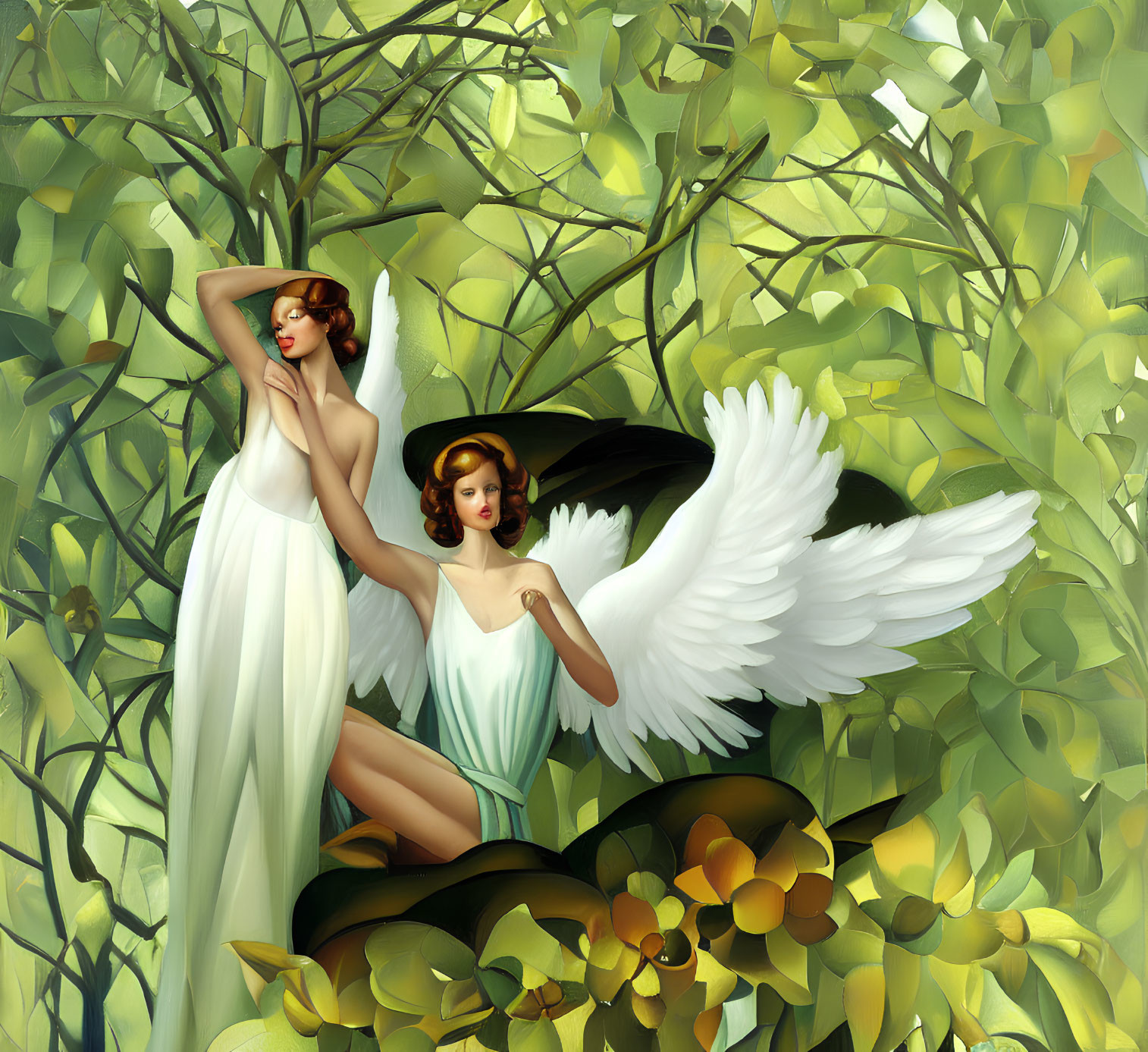 Serene angels with white wings in lush green foliage
