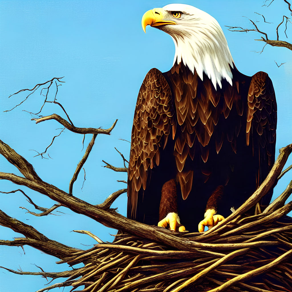 Bald eagle perched in nest against blue sky