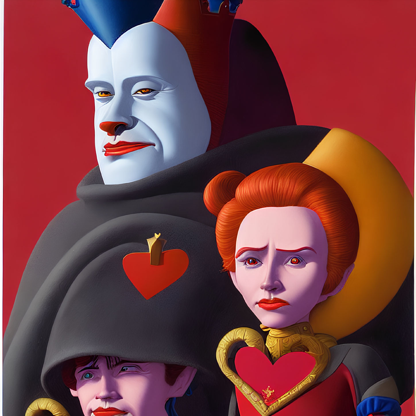 Whimsical characters with queen and jester on red background