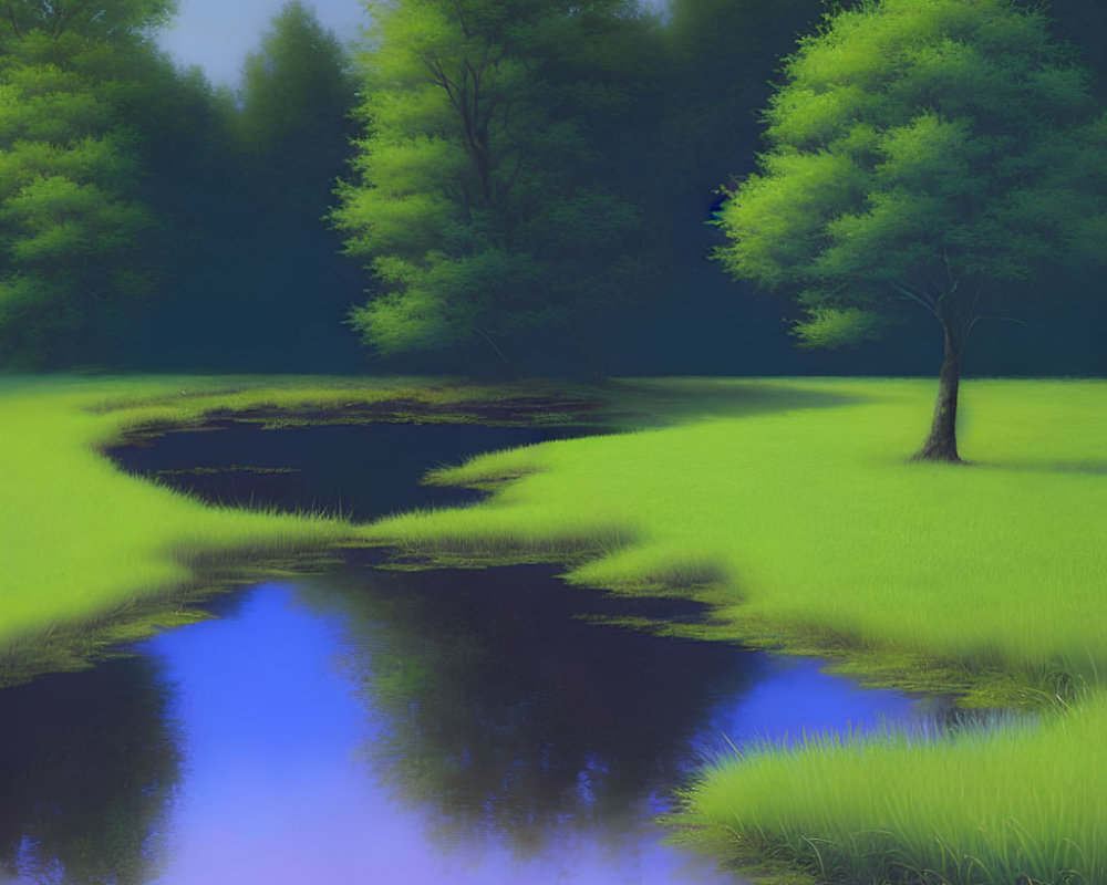 Tranquil digital art landscape with river, green grass, and twilight sky
