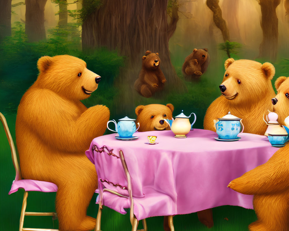 Whimsical forest tea party with animated bears