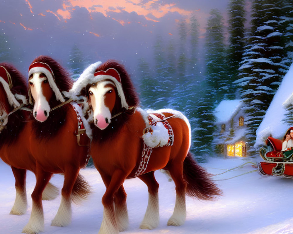 Festive horses in snow with decorated cottage and Santa's sleigh