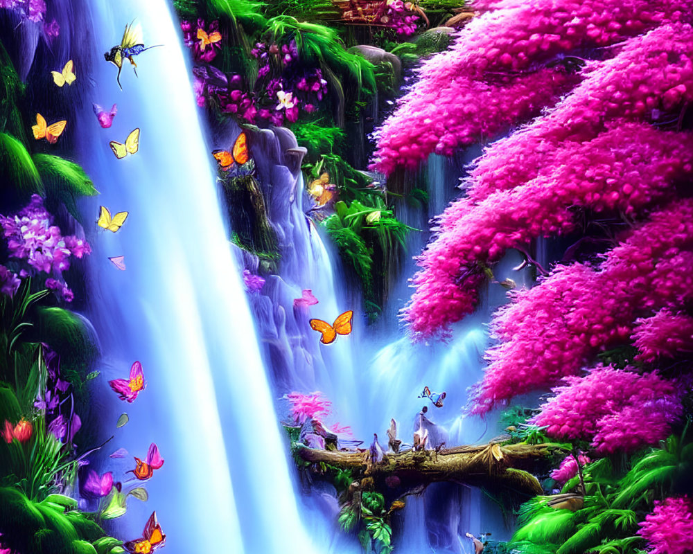 Fantasy waterfall with pink foliage, butterflies, and mystical lantern