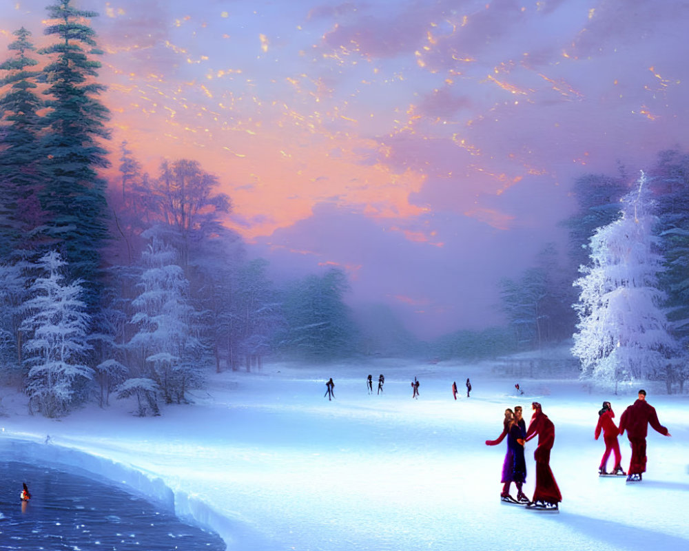 People ice skating on frozen lake in snowy landscape at dusk