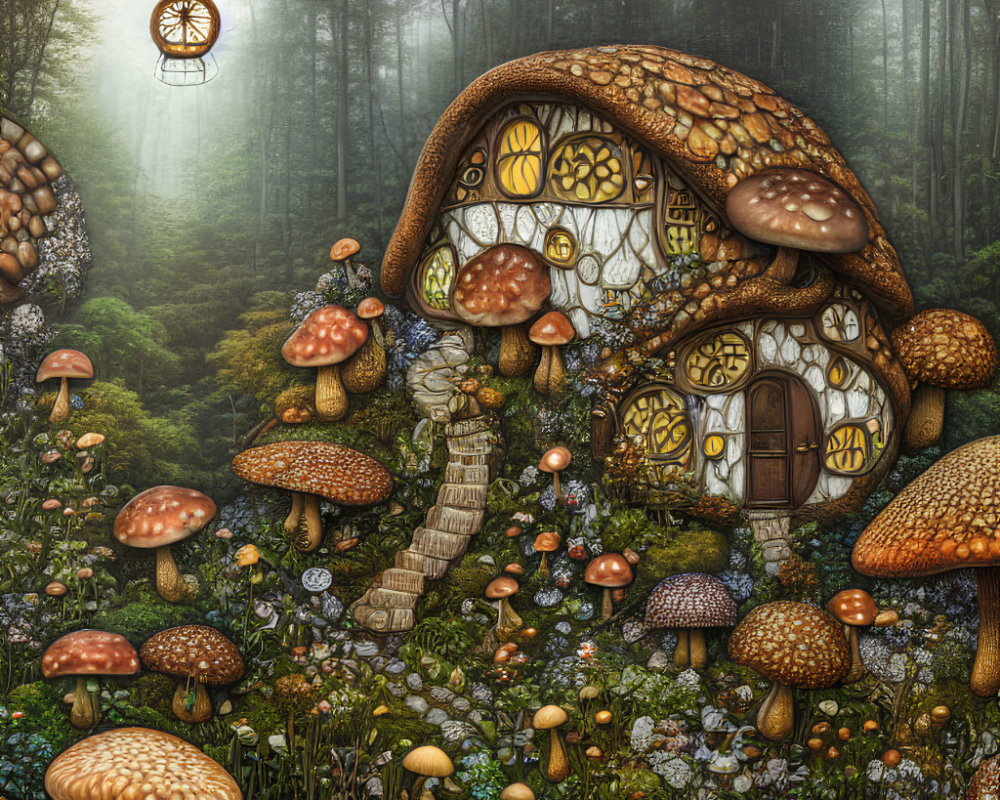 Whimsical mushroom house in lush forest with intricate details