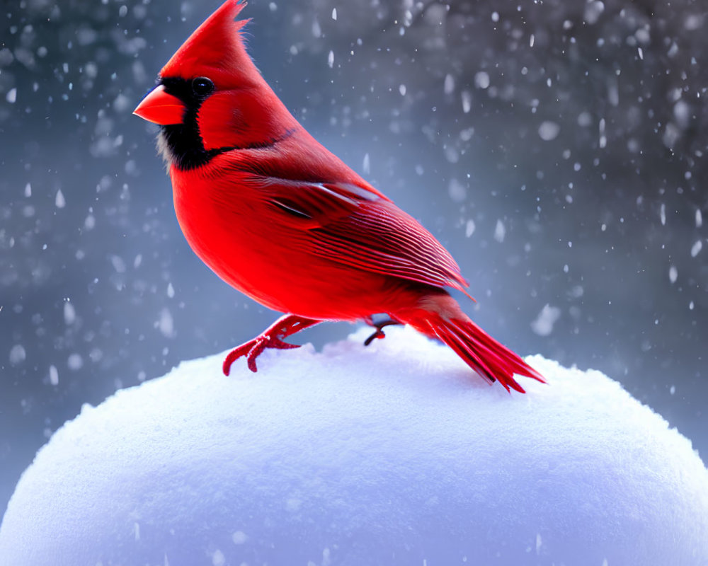 Red cardinal on snowy mound under gentle snowfall with blurred blue background