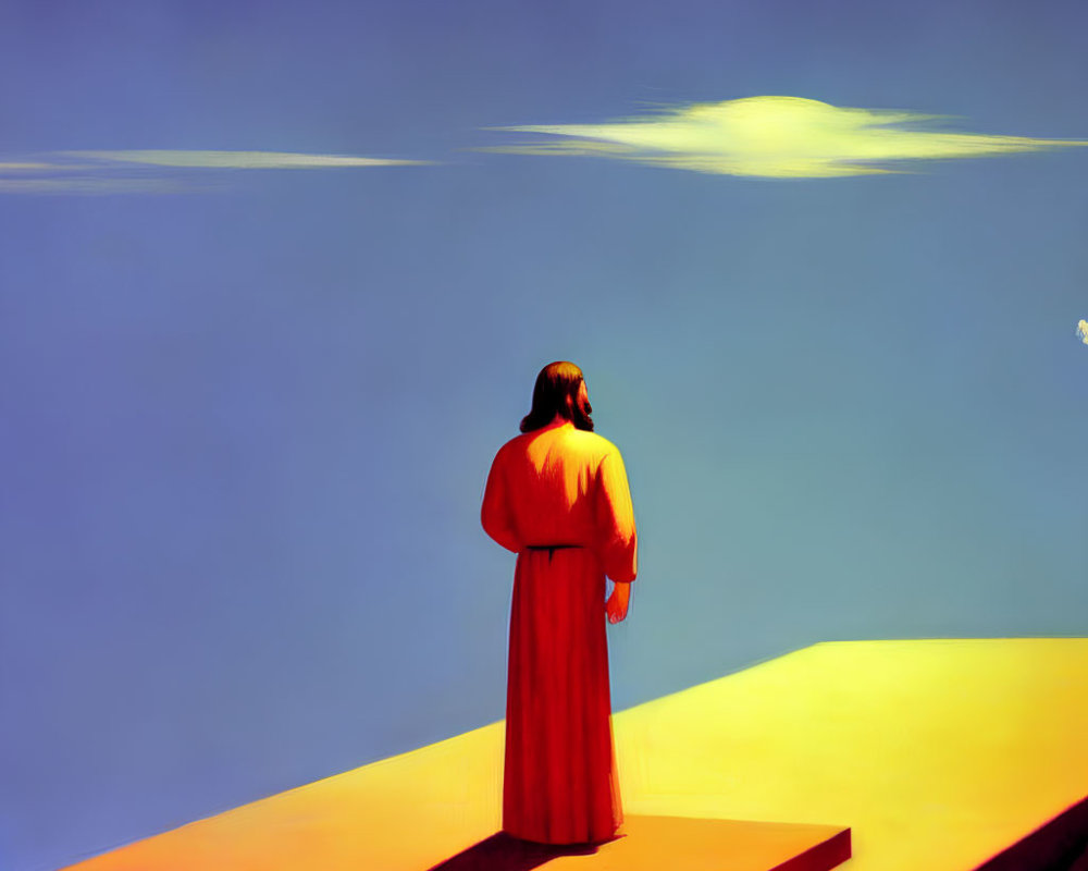 Person in Red Robe Standing on Yellow Surface Under Surreal Blue Sky