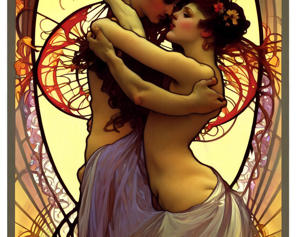 Art Nouveau style illustration of intimate embrace with ornate designs