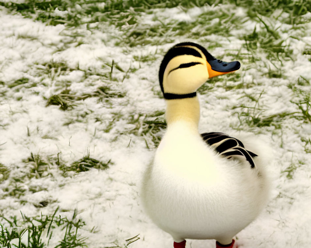 Duck standing on snowy grass, looking back.