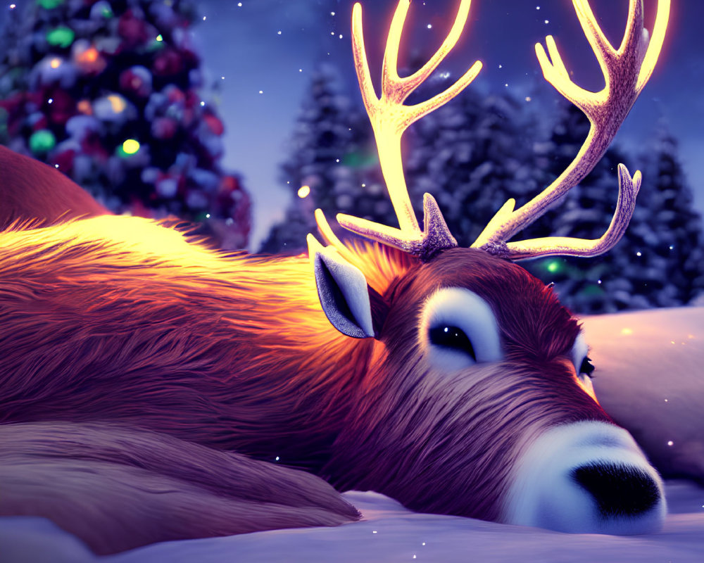 Digital illustration: Reindeer with glowing antlers in snowy Christmas scene