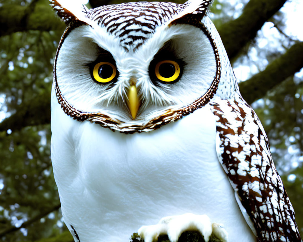 White and Brown Owl with Yellow Eyes Perched on Branch in Green Foliage