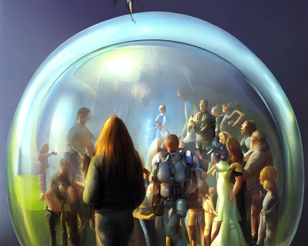 Transparent bubble with futuristic soldiers observing and ascending.