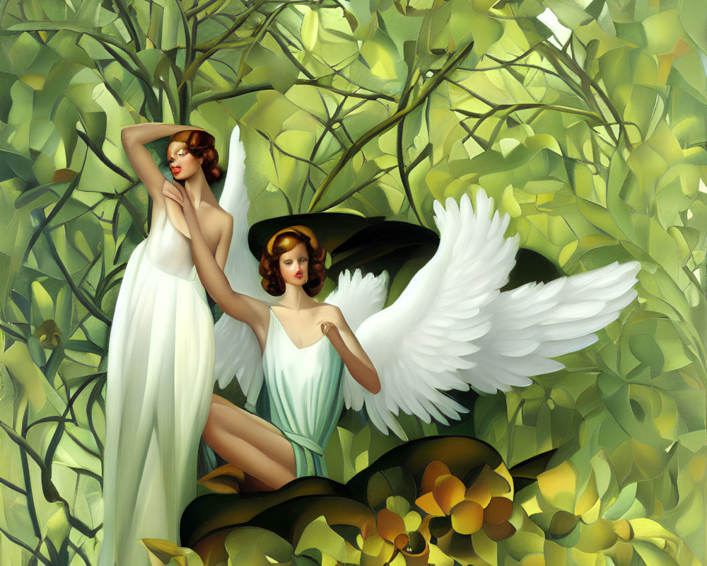 Serene angels with white wings in lush green foliage