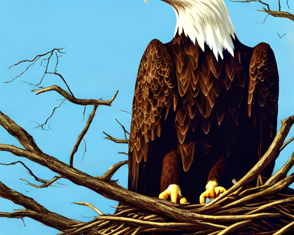 Bald eagle perched in nest against blue sky