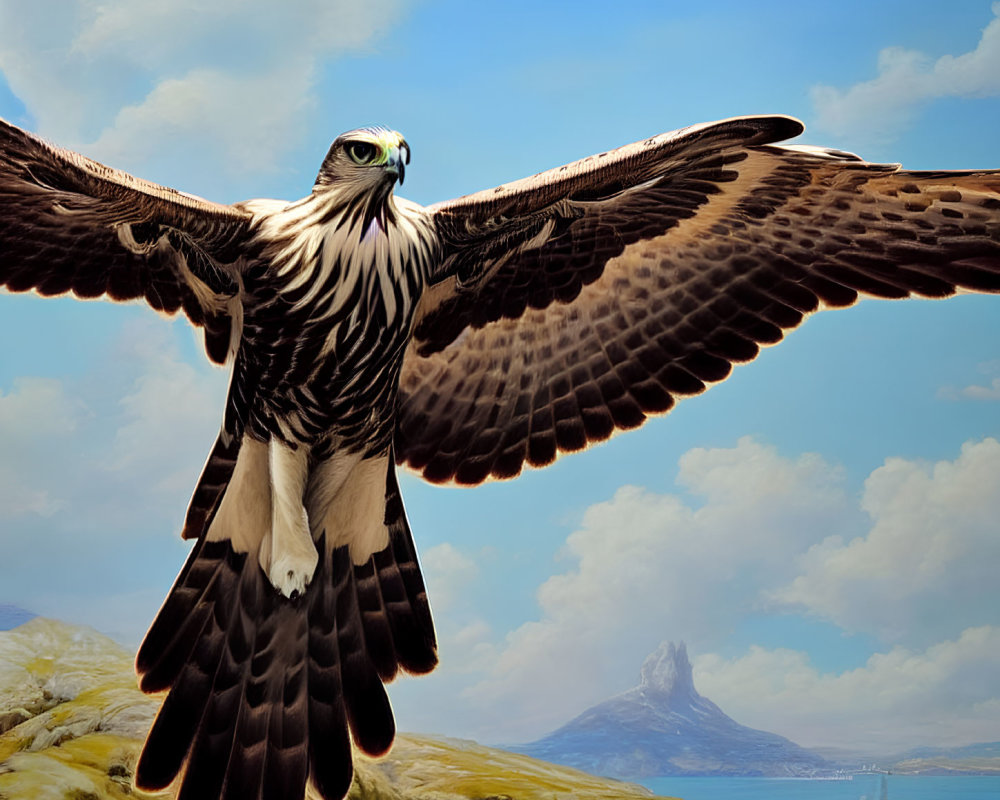 Osprey soaring over rocky coastal terrain under blue sky