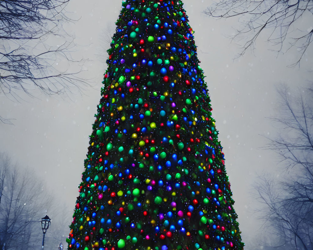 Vibrant Christmas tree with colorful lights in snowy scene