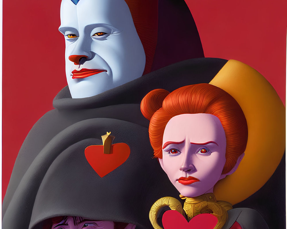 Whimsical characters with queen and jester on red background