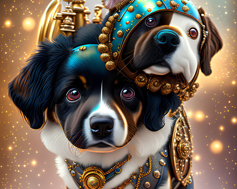 Regally Adorned Dogs in Blue Headdresses and Jewelry